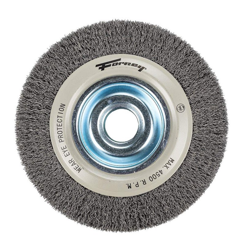 Forney 72897 Wire Bench Wheel Brush, Industrial Pro Crimped with 1/2-Inch Through 2-Inch Multi Arbor, 8-Inch-by-.012-Inch - Image 1
